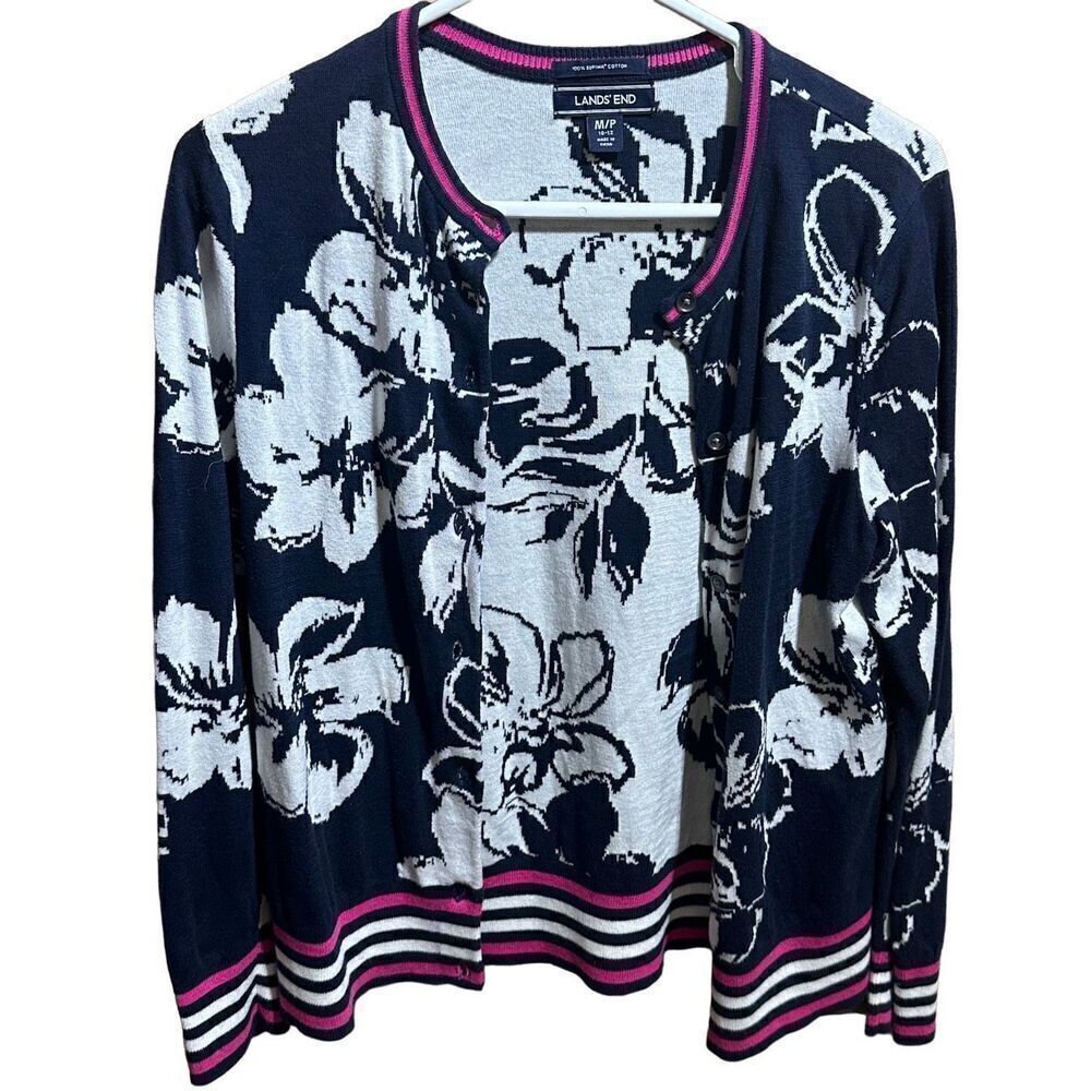 Women's Blue and White Floral Supima Cotton Button Up Lands End Cardigan Size Me